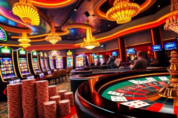 Experience the excitement of online gambling at dom88.us.com with vibrant casino scenes showcasing glamorous gaming tables and thrilling action.