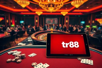 Engaging scene of players at tr88 casino, featuring roulette and poker chips, embodying excitement.
