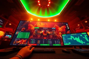 Experience live rooster fights and betting excitement at dagawin.live with vibrant graphics.