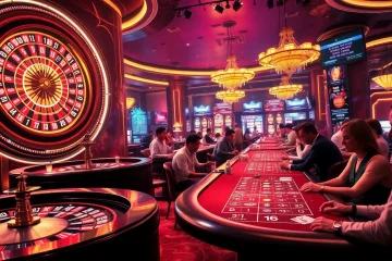 Capture the thrill of gambling at fun79 link with vibrant casino visuals of players at roulette and poker tables.
