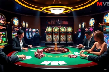 Engage in thrilling gameplay at MV88.com with a lively casino atmosphere showcasing cards and chips.