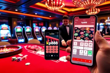 Kp88 app showcased on a smartphone amid a lively casino setting, featuring poker chips and tables.
